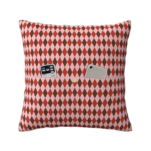 Bingfone Red and Brown Squares Linen Throw Pillow Covers Cushion Case Pocket Button Vintage Farmhouse Pillowcase-18"x18"
