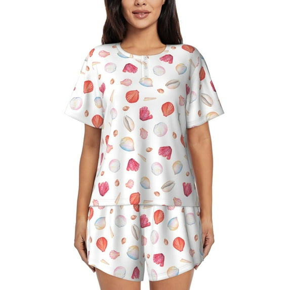 Bingfone Red coral and scallop seashell Print Pajamas Sets for Women Soft Short-Sleeved Pjs with Lounge Shorts Two Piece Sleepwear