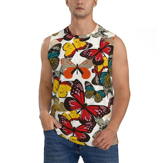 Bingfone Retro Floral Butterfly Pattern Men's Tank Tops Workout Sleeveless Tee Shirts Running Beach Tanks for Men-X-Large