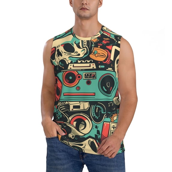 Bingfone Retro Pop Art Collage Pattern Men's Tank Tops Workout Sleeveless Tee Shirts Running Beach Tanks for Men-Small