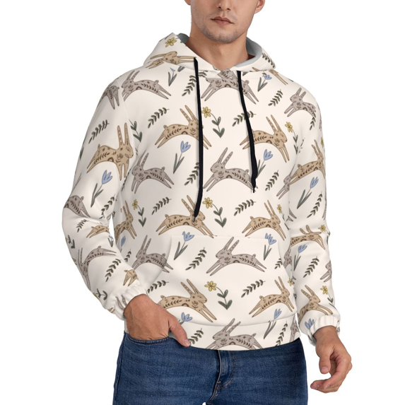 Bingfone Retro Rabbit Men's Drawstring Hoodie Long Sleeve Pocket Sweatshirts-X-Large