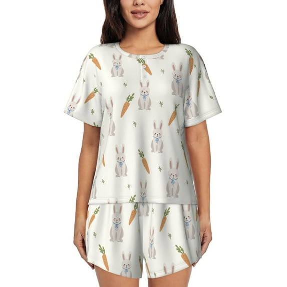 Bingfone Retro Rabbit Print Pajamas Sets for Women Soft Short-Sleeved Pjs with Lounge Shorts Two Piece Sleepwear