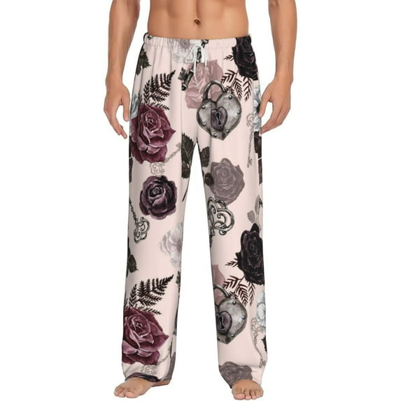 Bingfone Retro Red Black Roses Mens All Over Print Sleep Pajama Pants-Medium
