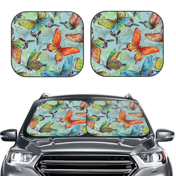 Bingfone Retro Seamless Flying Butterflies Print 2-Piece Sun Shade Front Windshield - Foldable Car Front Window Sunshades For Most Sedans Suv Truck - Small