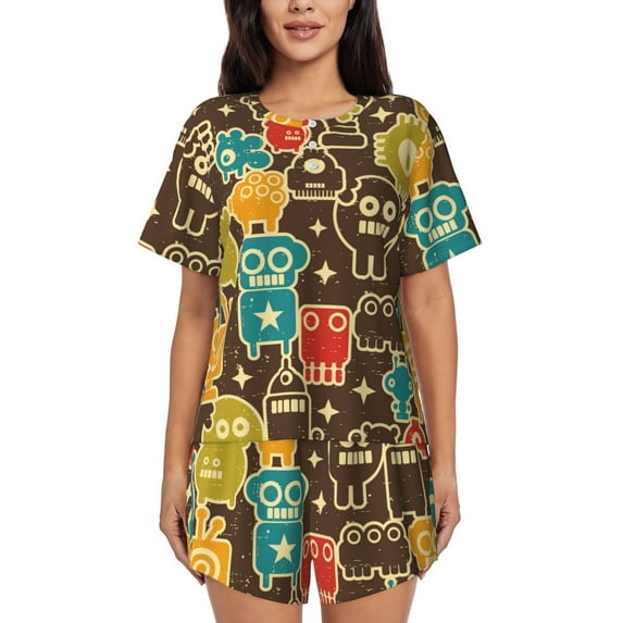 Bingfone Robot and Monsters Print Pajamas Sets for Women Soft Short-Sleeved Pjs with Lounge Shorts Two Piece Sleepwear
