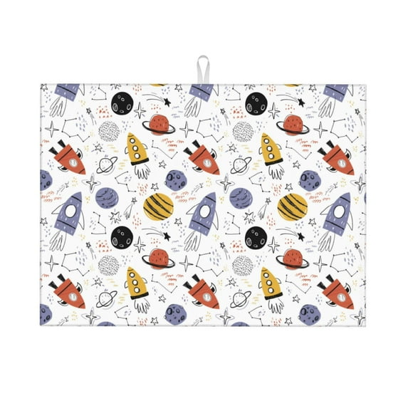 Bingfone Rocket Planets ,18" x 24"Dish Drying Mat for Kitchen Counter,Ultra Absorbent Microfiber
