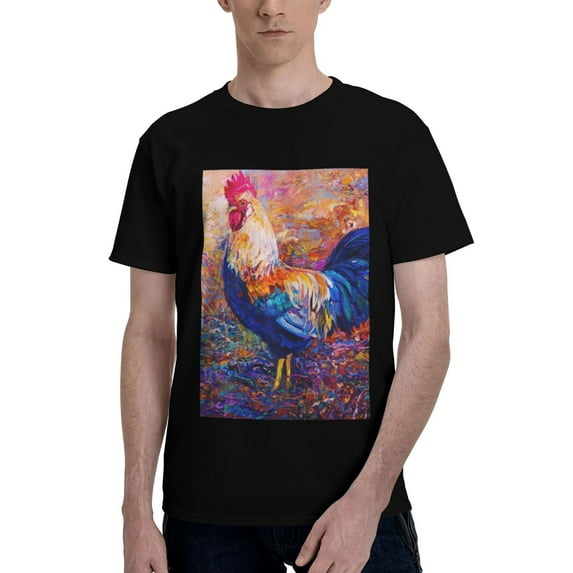 Bingfone Rooster Oil Painting Men'S Loose Fit Short-Sleeve Pocket T-Shirt