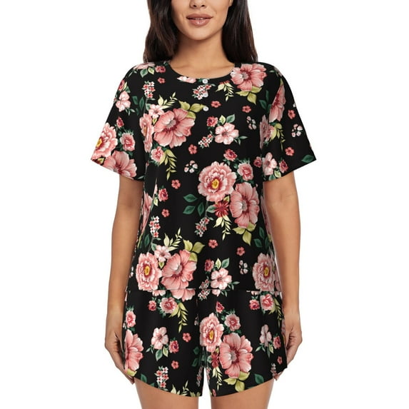 Bingfone Rose Flowers Print Pajamas Sets for Women Soft Short-Sleeved Pjs with Lounge Shorts Two Piece Sleepwear