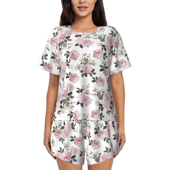 Bingfone Rose Flowers Print Pajamas Sets for Women Soft Short-Sleeved Pjs with Lounge Shorts Two Piece Sleepwear