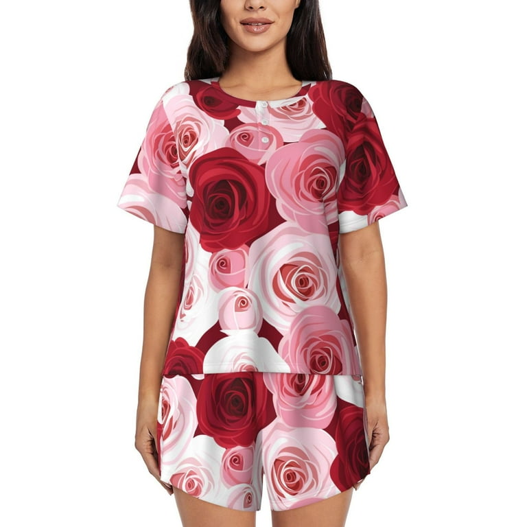 Bingfone Rose Print Pajamas Sets for Women Soft Short Sleeved Pjs with Lounge Shorts Two Piece Sleepwear