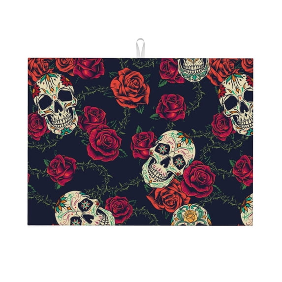 Bingfone Roses Skulls ,18" X 24"Dish Drying Mat For Kitchen Counter,Ultra Absorbent Microfiber