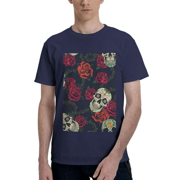 Bingfone Roses Skulls Men'S Loose Fit Short-Sleeve Pocket T-Shirt