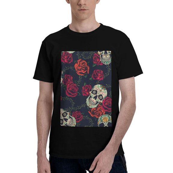 Bingfone Roses Skulls Men'S Loose Fit Short-Sleeve Pocket T-Shirt