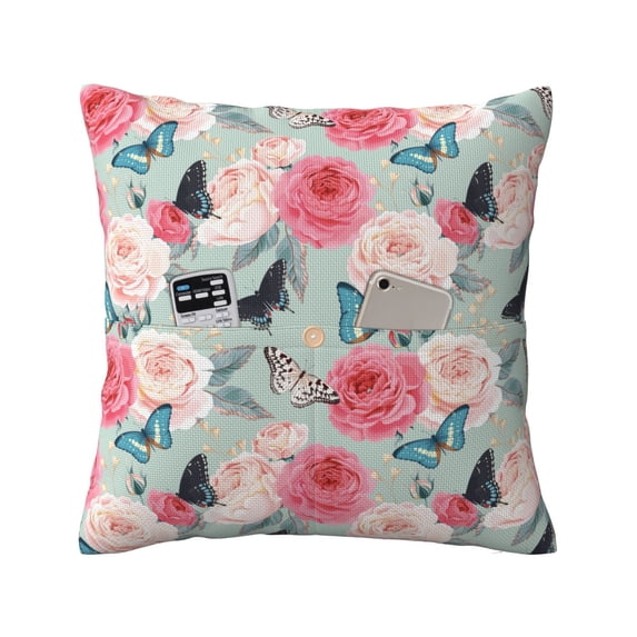 Bingfone Roses and Butterflies Linen Throw Pillow Covers Cushion Case Pocket Button Vintage Farmhouse Pillowcase-16"x16"