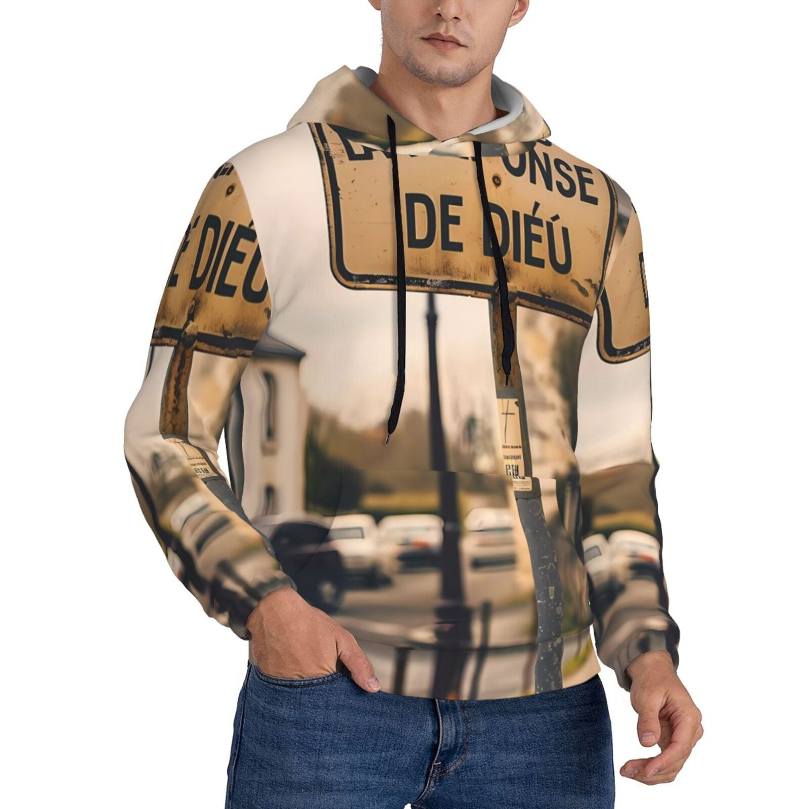 Bingfone Rustic French Signpost Men's Drawstring Hoodie Long Sleeve