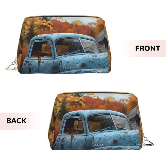 Bingfone Rustic Vintage Truck Autumn Print Leather Makeup Bag, Portable Hand-held Zipper Female Cosmetic Bag Toiletry Bag, Suitable for Home and Travel