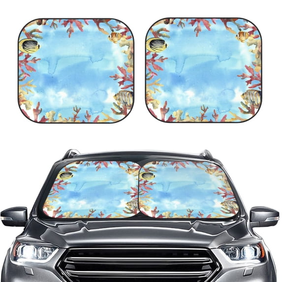 Bingfone Sea And Fish Windshield Sun Shade 2-Piece Foldable Car Front Window Sunshade For Most Sedans Suv Truck - Auto Sun Blocker Visor Protector Blocks Max Uv Rays - Small