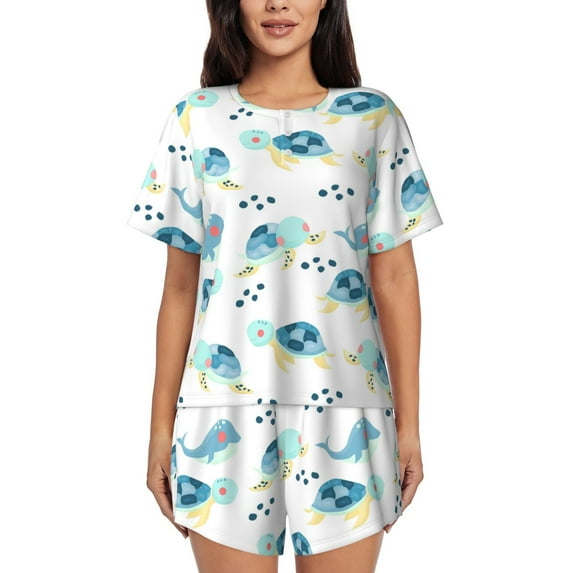 Bingfone Sea Turtle Print Pajamas Sets for Women Soft Short-Sleeved Pjs with Lounge Shorts Two Piece Sleepwear