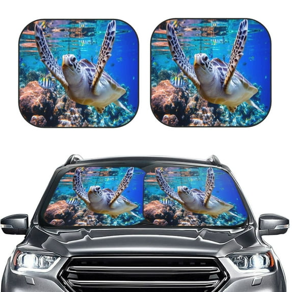 Bingfone Sea Turtle Swims Print 2-Piece Sun Shade Front Windshield - Foldable Car Front Window Sunshades For Most Sedans Suv Truck - Large