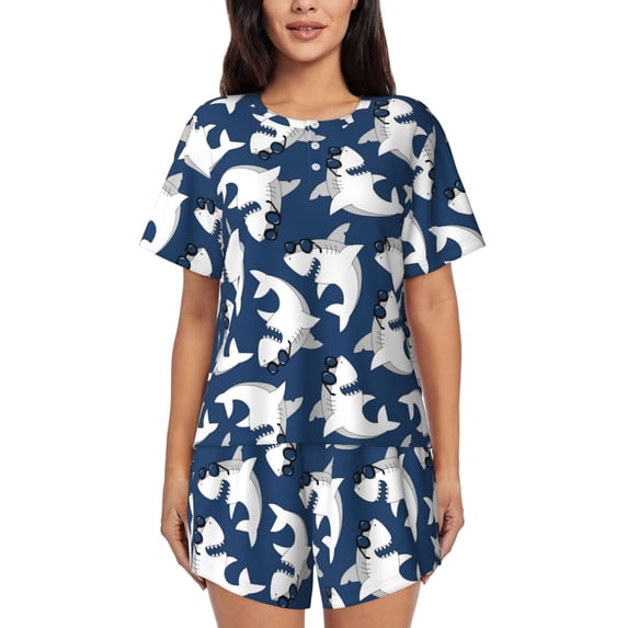 Bingfone Shark Print Pajamas Sets for Women Soft Short-Sleeved Pjs with Lounge Shorts Two Piece Sleepwear
