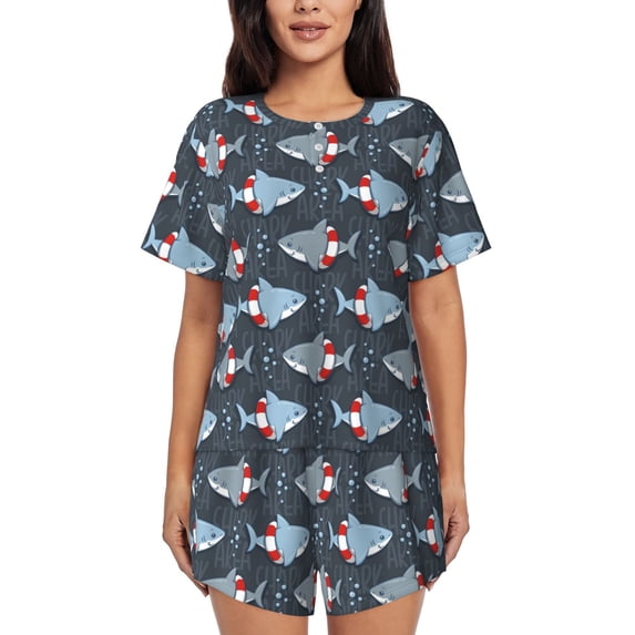 Bingfone Shark Wearing Swim Ring Print Pajamas Sets for Women Soft Short-Sleeved Pjs with Lounge Shorts Two Piece Sleepwear