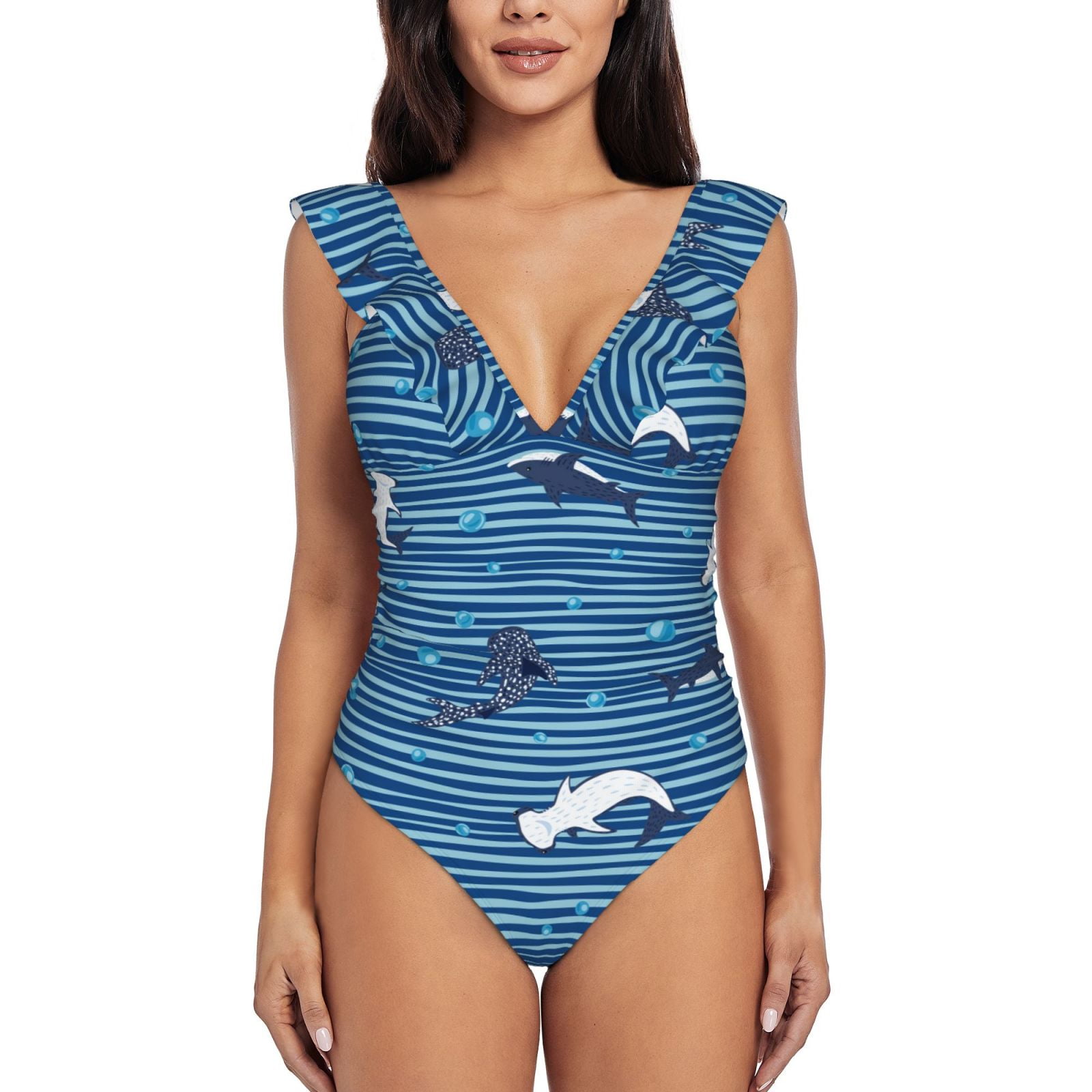 Bingfone Sharks on White Blue Striped Print Women Ruffle One Piece Swimsuit Flounce Sleeve Swimwear V Neck Bathing Suit for Teen Girls XX Large Walmart