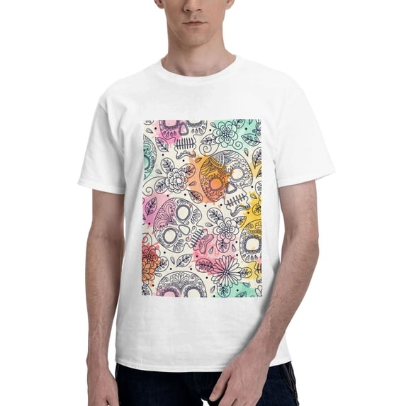 Bingfone Skull And Flowers Men'S Loose Fit Short-Sleeve Pocket T-Shirt