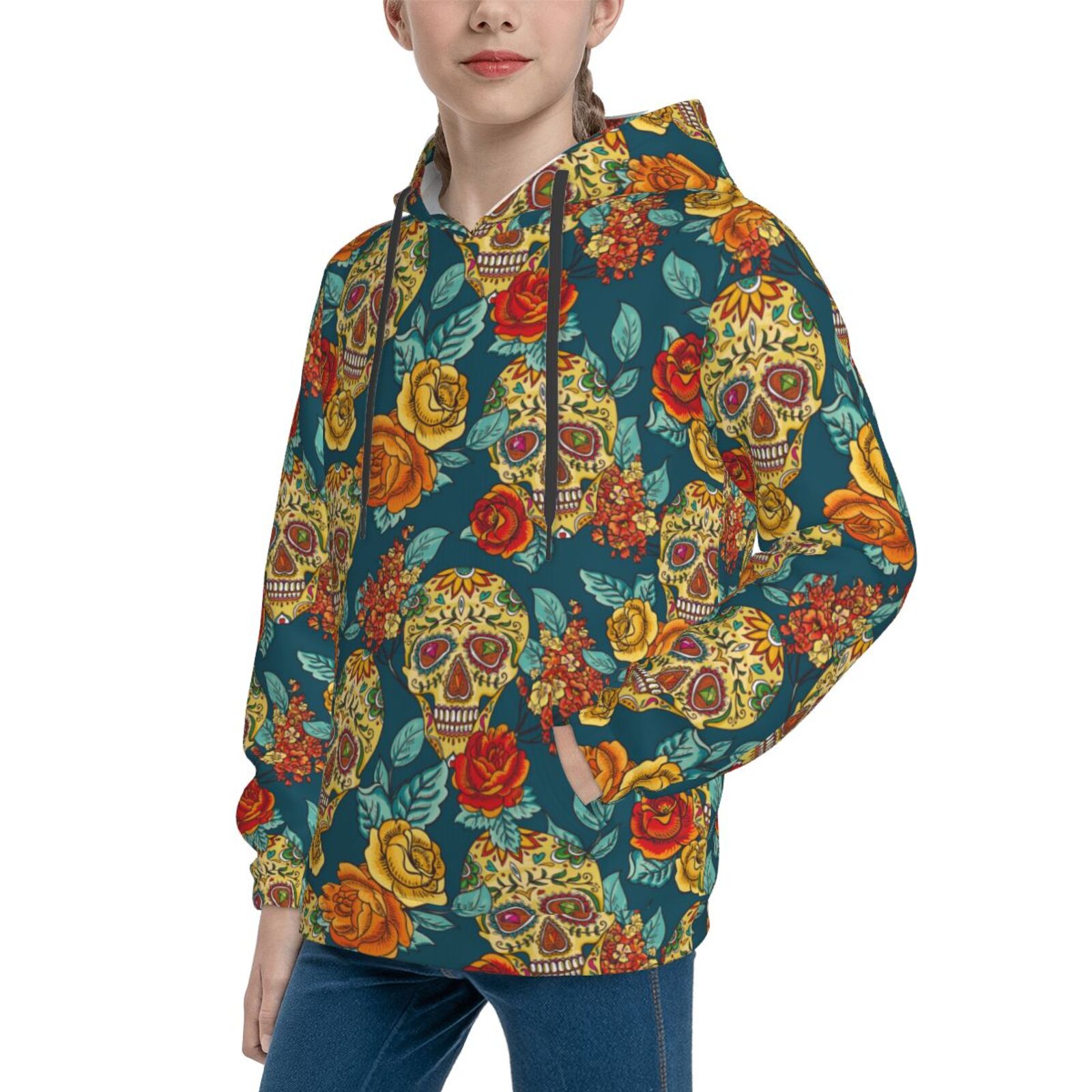JEOCODY Men's Floral Skull Pullover Hoodie - Soft Polyester-Spandex Blend, Drawstring Hood, Kangaroo Pocket