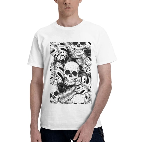 Bingfone Skull And Palm Leaves Men'S Loose Fit Short-Sleeve Pocket T-Shirt