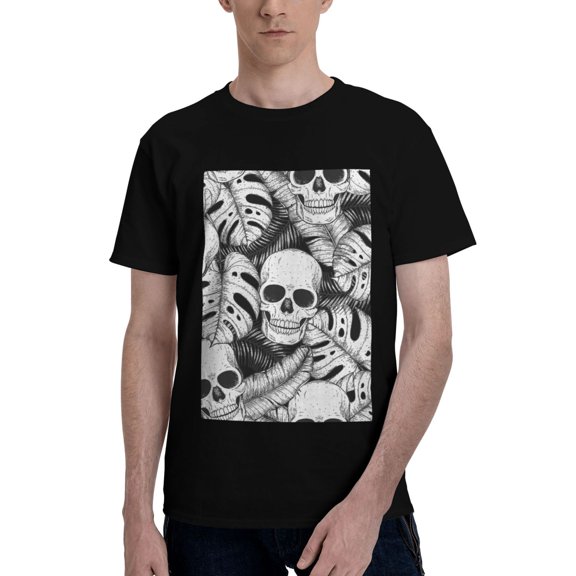 Bingfone Skull And Palm Leaves Men'S Loose Fit Short-Sleeve Pocket T-Shirt