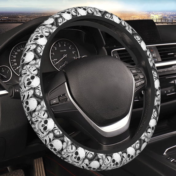 Bingfone Skull And Palm Leaves Steering Wheel Cover - Universal 15 Inches Car Steering Wheel Covers Grip Auto Internal Accessories