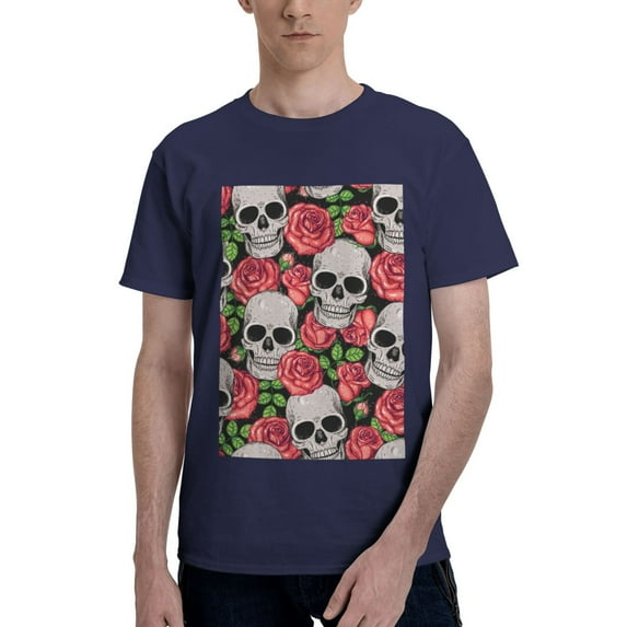 Bingfone Skull And Roses Men'S Loose Fit Short-Sleeve Pocket T-Shirt