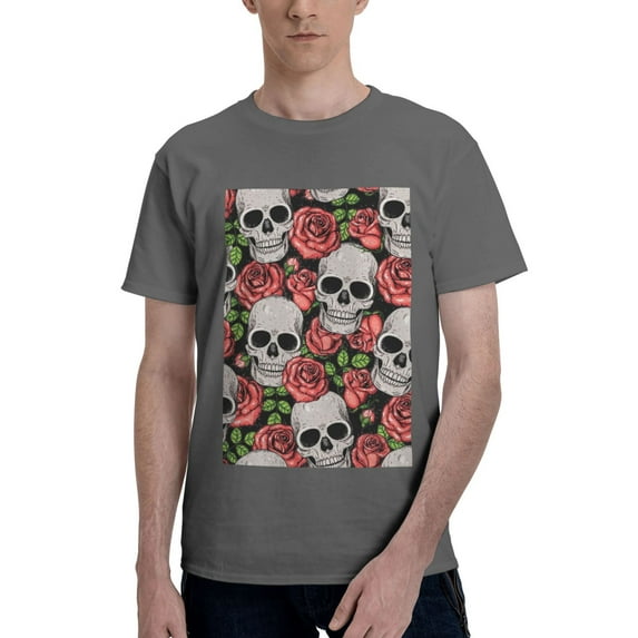 Bingfone Skull And Roses Men'S Loose Fit Short-Sleeve Pocket T-Shirt