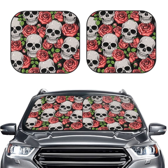 Bingfone Skull And Roses Print 2-Piece Sun Shade Front Windshield - Foldable Car Front Window Sunshades For Most Sedans Suv Truck - Small