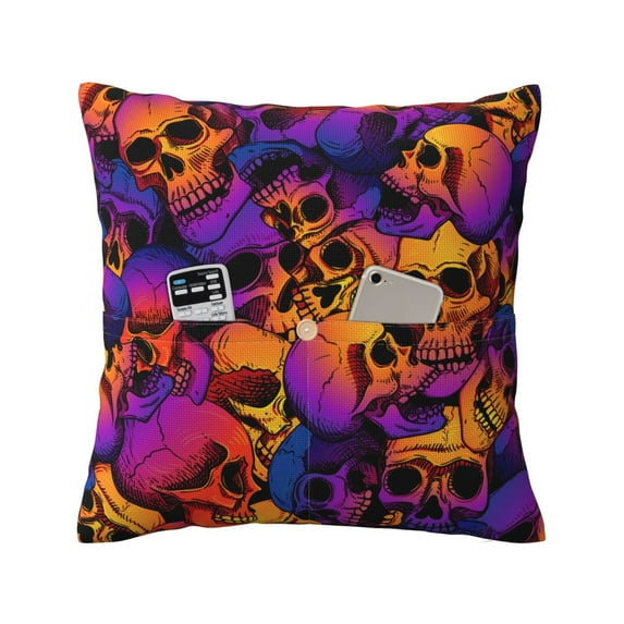 Bingfone Skull Linen Throw Pillow Covers Cushion Case Pocket Button Vintage Farmhouse Pillowcase for Sofa Couch Bed 20"x20"