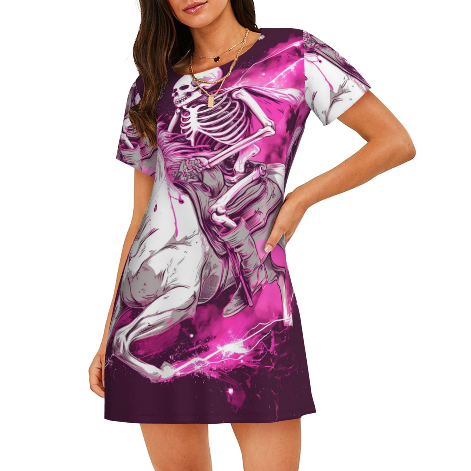 Skull Night Robe Bingfone Skull White Horse Nightgowns for Women Sleep Shirts Short ...