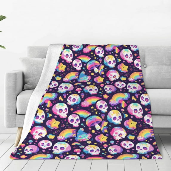 Bingfone Skull colorful mushroom rainbow Print Flannel Fleece Blanket Throw Blanket for Bed,Sofa,Couch,Travel,Camping(40"x30" )