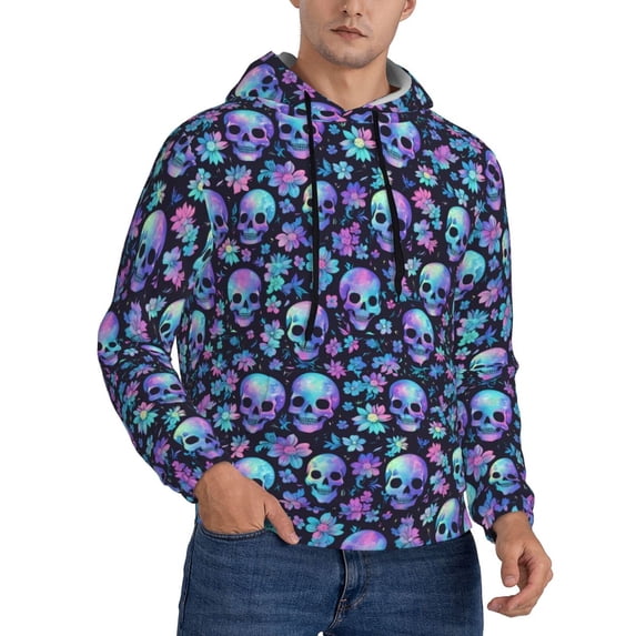 Bingfone Skull purple flower Men's Drawstring Hoodie Long Sleeve Pocket Sweatshirts-X-Large