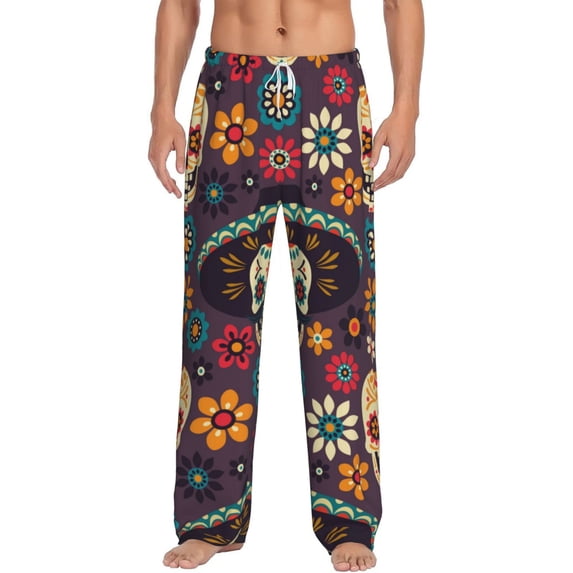 Bingfone Skulls And Flowers Mens All Over Print Sleep Pajama Pants-Large