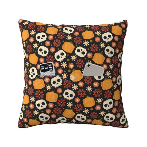 Bingfone Skulls Linen Throw Pillow Covers Cushion Case Pocket Button Vintage Farmhouse Pillowcase-20"x20"