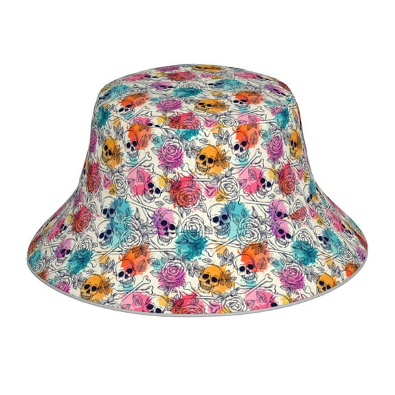 Bingfone Skulls and Roses Bucket Hat for Men Women,Packable Reversible Printed Sun Hats,Fisherman Outdoor Travel Hiking Beach Caps