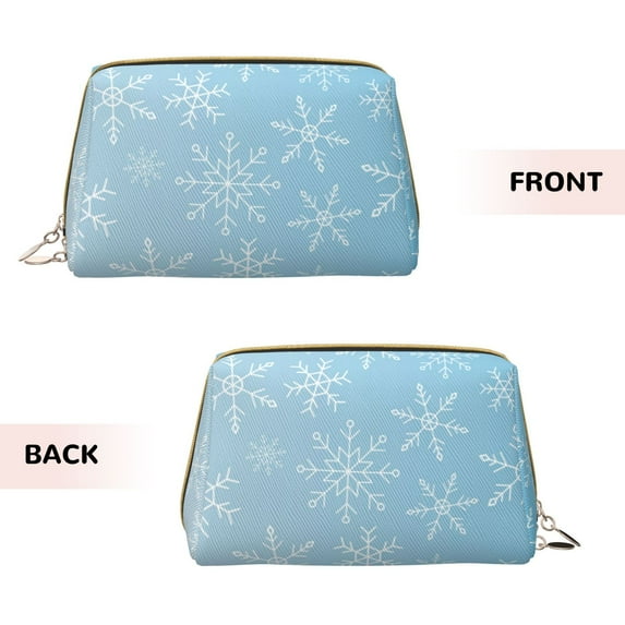 Bingfone Snowflake Snowing Print Leather Makeup Bag, Portable Hand-held Zipper Female Cosmetic Bag Toiletry Bag, Suitable for Home and Travel