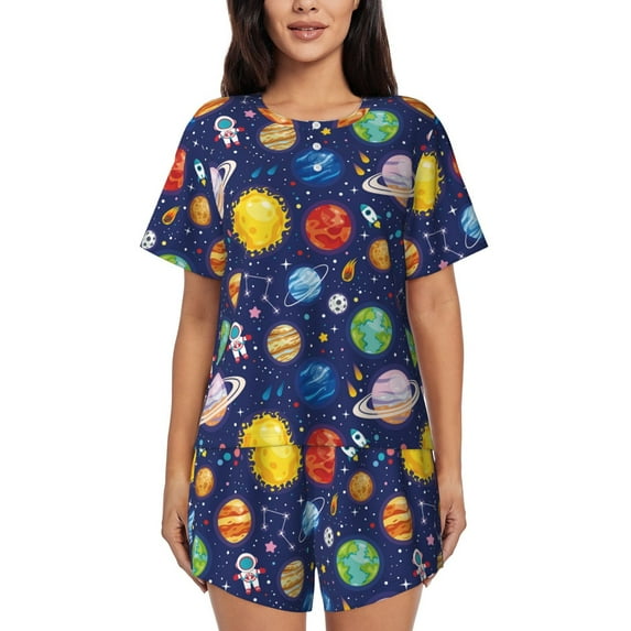 Bingfone Space Planet Print Pajamas Sets for Women Soft Short-Sleeved Pjs with Lounge Shorts Two Piece Sleepwear