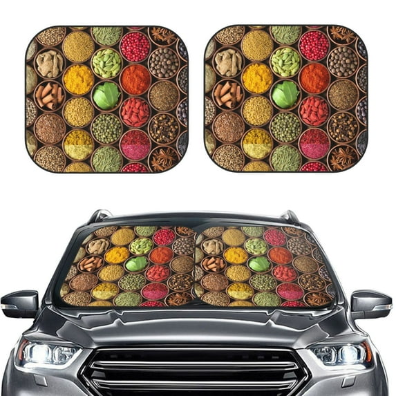 Bingfone Spices And Herbs Print 2-Piece Sun Shade Front Windshield - Foldable Car Front Window Sunshades For Most Sedans Suv Truck - Large