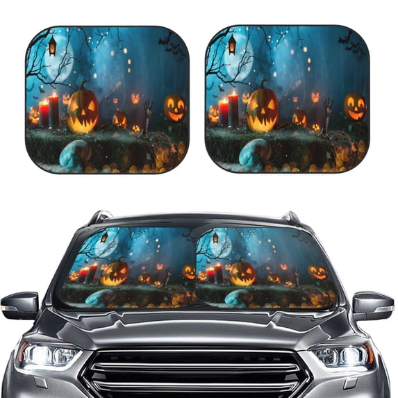 Bingfone Spooky Halloween Print 2-Piece Sun Shade Front Windshield - Foldable Car Front Window Sunshades For Most Sedans Suv Truck - Large