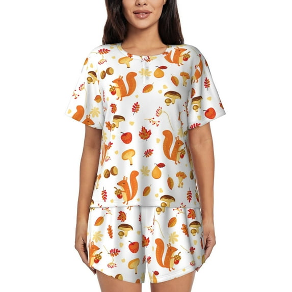 Bingfone Squirrel InThe Forest3 Print Pajamas Sets for Women Soft Short-Sleeved Pjs with Lounge Shorts Two Piece Sleepwear