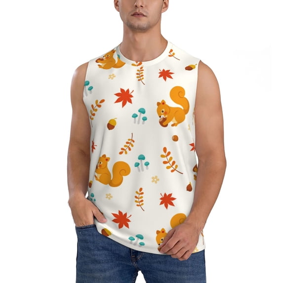 Bingfone Squirrel Maple Leaves And Nuts Pattern Men's Tank Tops Workout Sleeveless Tee Shirts Running Beach Tanks for Men-3X-Large