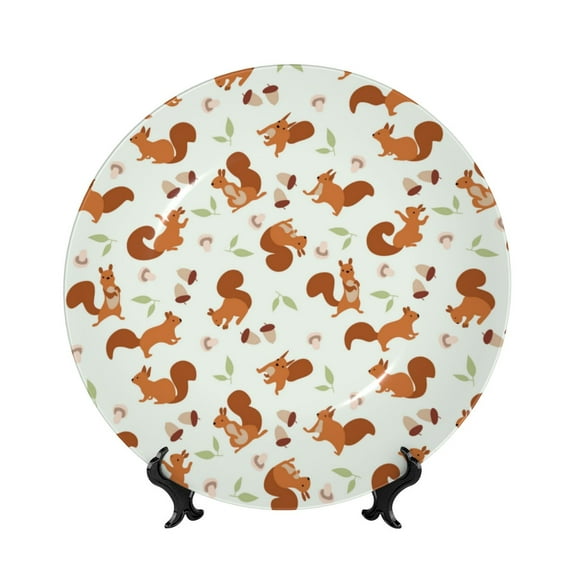 Bingfone Squirrel Playing Print Bone China Dinner Decorative Plates,Handmade Ceramic Dinner Plate with Stand for Home Club-8in