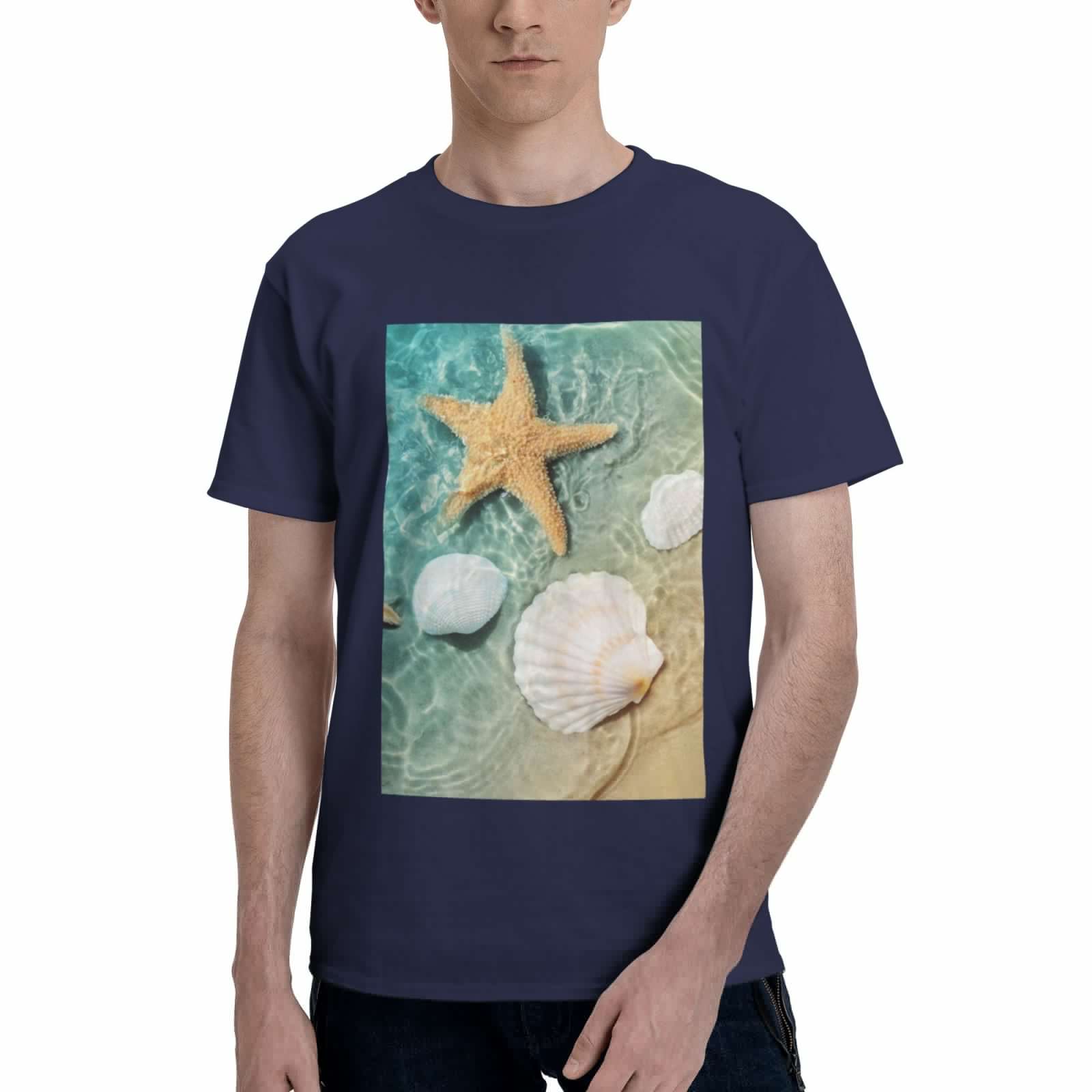 Bingfone Starfish And Seashell Men'S Loose Fit Short-Sleeve Pocket T-Shirt