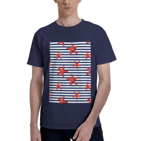 Bingfone Starfish Navy Blue Stripe Men'S Loose Fit Short-Sleeve Pocket T-Shirt